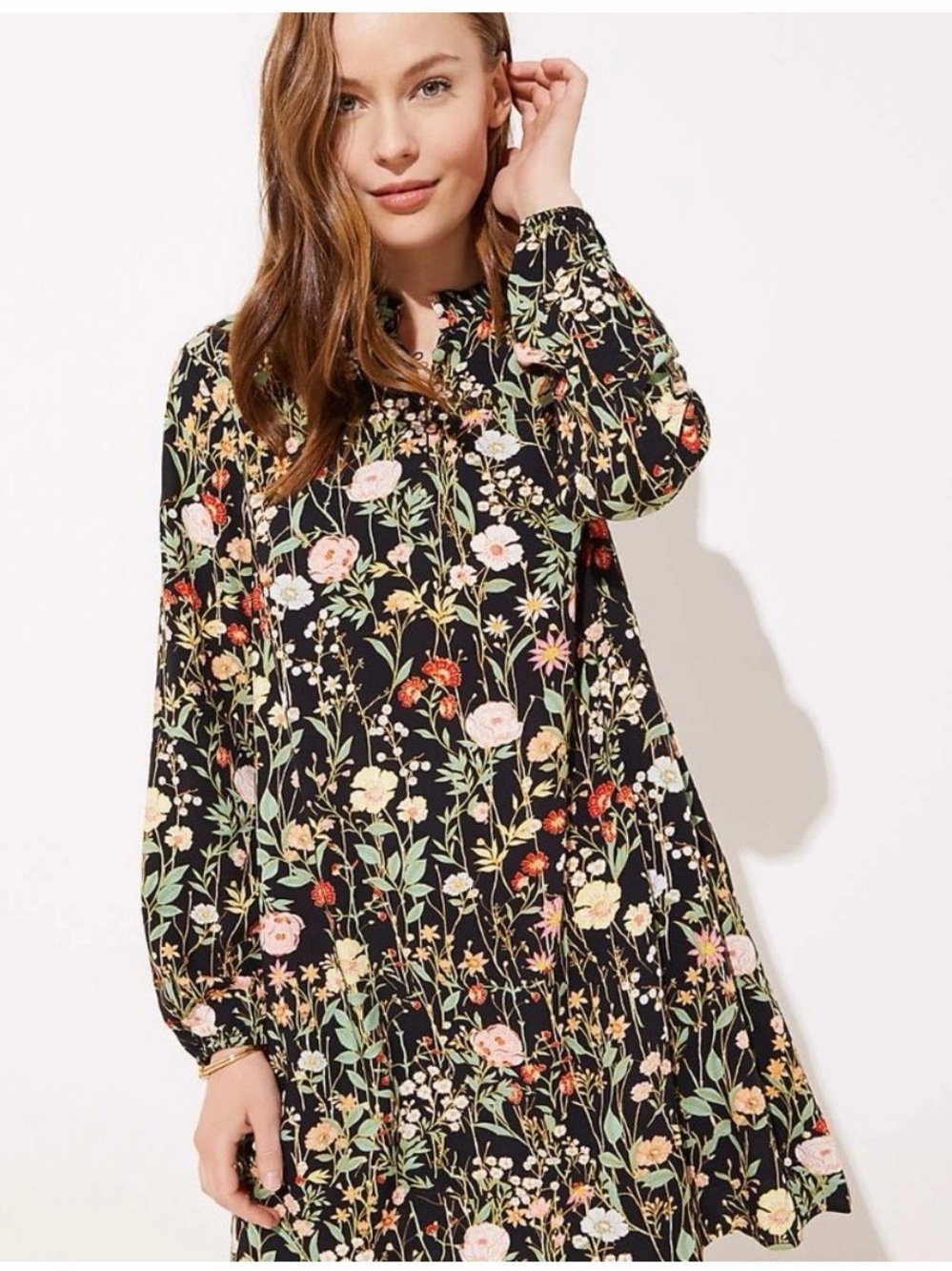 LOFT Black Floral Long-Sleeve Shift Dress